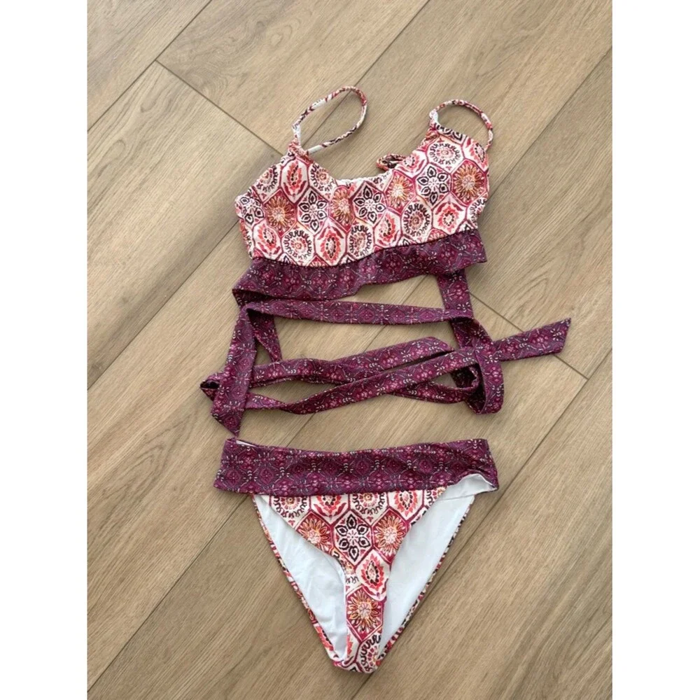 VENUS Printed Bikini Set in Red and Purple - Size Small